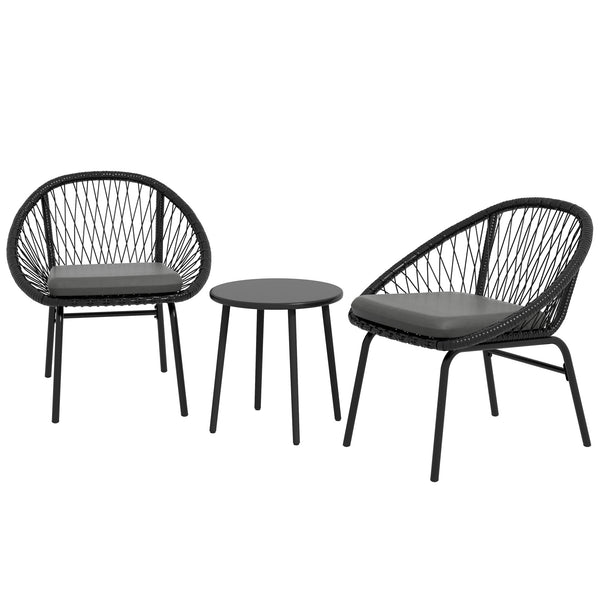 3 Pieces Rattan Bistro Set, Wicker Garden Furniture Set with Round Metal Top Coffee Table and Chairs, Washable Cushions for Outdoor, Patio, Balcony, Black