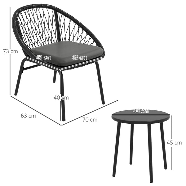 3 Pieces Rattan Bistro Set, Wicker Garden Furniture Set with Round Metal Top Coffee Table and Chairs, Washable Cushions for Outdoor, Patio, Balcony, Black