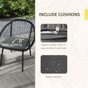 3 Pieces Rattan Bistro Set, Wicker Garden Furniture Set with Round Metal Top Coffee Table and Chairs, Washable Cushions for Outdoor, Patio, Balcony, Black