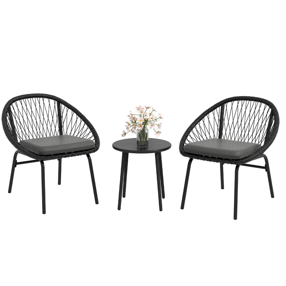 3 Pieces Rattan Bistro Set, Wicker Garden Furniture Set with Round Metal Top Coffee Table and Chairs, Washable Cushions for Outdoor, Patio, Balcony, Black