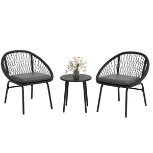 3 Pieces Rattan Bistro Set, Wicker Garden Furniture Set with Round Metal Top Coffee Table and Chairs, Washable Cushions for Outdoor, Patio, Balcony, Black