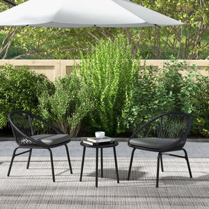 3 Pieces Rattan Bistro Set, Wicker Garden Furniture Set with Round Metal Top Coffee Table and Chairs, Washable Cushions for Outdoor, Patio, Balcony, Black