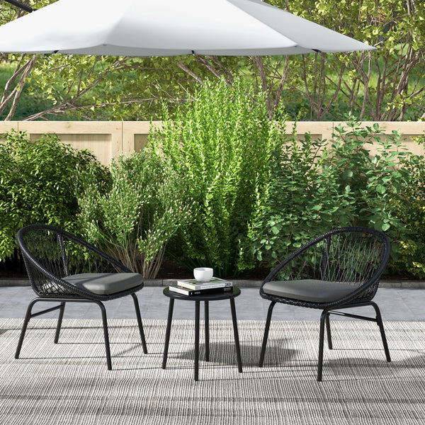 3 Pieces Rattan Bistro Set, Wicker Garden Furniture Set with Round Metal Top Coffee Table and Chairs, Washable Cushions for Outdoor, Patio, Balcony, Black
