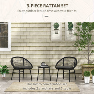 3 Pieces Rattan Bistro Set, Wicker Garden Furniture Set with Round Metal Top Coffee Table and Chairs, Washable Cushions for Outdoor, Patio, Balcony, Black