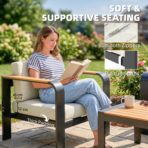 3 Pieces Garden Furniture Set with L-Shaped Sofa, Armchair and Coffee Table, Aluminium Garden Corner Sofa Set with Olefin Seat & Back Cushions, Wood Plastic Tabletop and Armrests, Beige