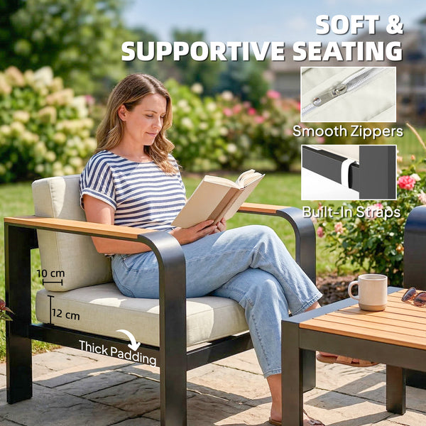 3 Pieces Garden Furniture Set with L-Shaped Sofa, Armchair and Coffee Table, Aluminium Garden Corner Sofa Set with Olefin Seat & Back Cushions, Wood Plastic Tabletop and Armrests, Beige