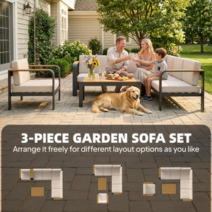 3 Pieces Garden Furniture Set with L-Shaped Sofa, Armchair and Coffee Table, Aluminium Garden Corner Sofa Set with Olefin Seat & Back Cushions, Wood Plastic Tabletop and Armrests, Beige
