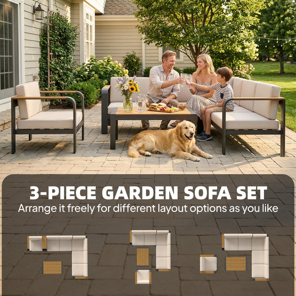 3 Pieces Garden Furniture Set with L-Shaped Sofa, Armchair and Coffee Table, Aluminium Garden Corner Sofa Set with Olefin Seat & Back Cushions, Wood Plastic Tabletop and Armrests, Beige