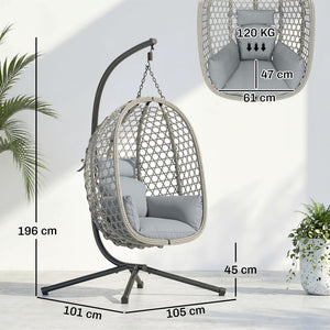 Hanging Egg Chair, Indoor Outdoor Rattan Hammock Swing Chair with Stand, Safety Strap, Foldable Basket, Thick Cushion, Headrest, Metal Frame for Garden Balcony Patio Lounge Porch, Light Grey
