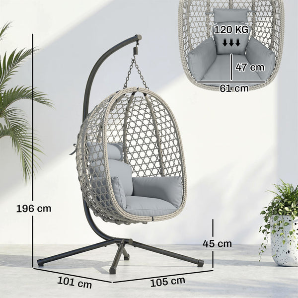 Hanging Egg Chair, Indoor Outdoor Rattan Hammock Swing Chair with Stand, Safety Strap, Foldable Basket, Thick Cushion, Headrest, Metal Frame for Garden Balcony Patio Lounge Porch, Light Grey