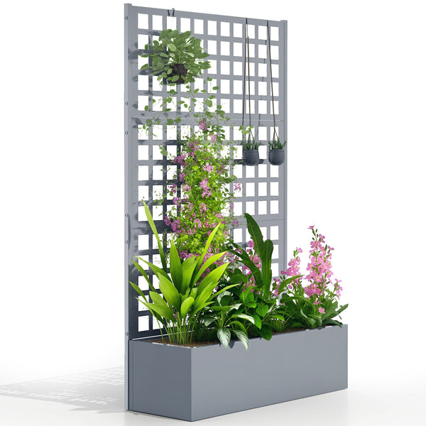 Galvanized Raised Garden Bed with Trellis, 43"x16"x70" Metal Planter Box with Drainage Holes, Outdoor Privacy Screen for Climbing Plant Vegetable Vine, Grey Wood Effect