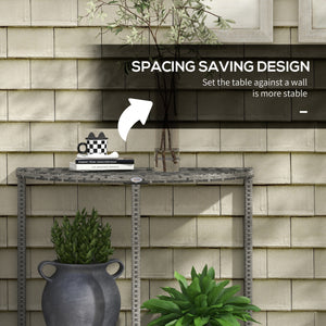 Half Round Side Table, PE Rattan Narrow Coffee Table with Metal Frame for Patio, Garden, Balcony, 39.4" x 19.7" x 29.1", Grey