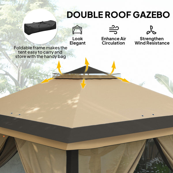 11' x 11' Pop Up Canopy, Double Roof Foldable Canopy Tent with Zipper Mesh Sidewalls, Height Adjustable and Carrying Bag, Event Tent for Patio Garden Backyard, Beige