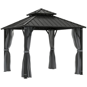 3 x 3(m) Hardtop Gazebo Canopy with Double Metal Roof, Waterproof Permanent Pavilion Garden Gazebo with Netting and Curtains, Easy to Assemble, Grey