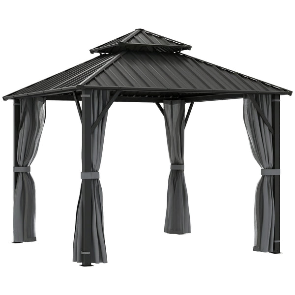 3 x 3(m) Hardtop Gazebo Canopy with Double Metal Roof, Waterproof Permanent Pavilion Garden Gazebo with Netting and Curtains, Easy to Assemble, Grey