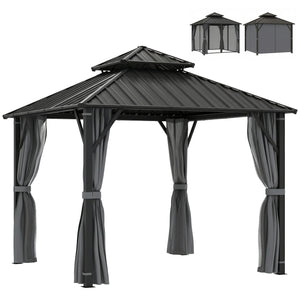 3 x 3(m) Hardtop Gazebo Canopy with Double Metal Roof, Waterproof Permanent Pavilion Garden Gazebo with Netting and Curtains, Easy to Assemble, Grey