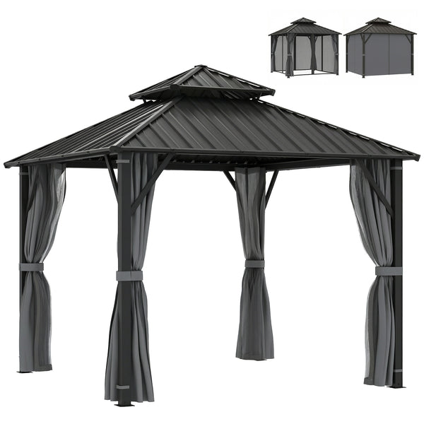 3 x 3(m) Hardtop Gazebo Canopy with Double Metal Roof, Waterproof Permanent Pavilion Garden Gazebo with Netting and Curtains, Easy to Assemble, Grey