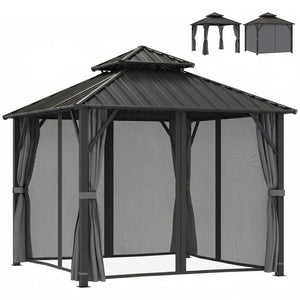 3 x 3(m) Hardtop Gazebo Canopy with Double Metal Roof, Waterproof Permanent Pavilion Garden Gazebo with Netting and Curtains, Easy to Assemble, Grey