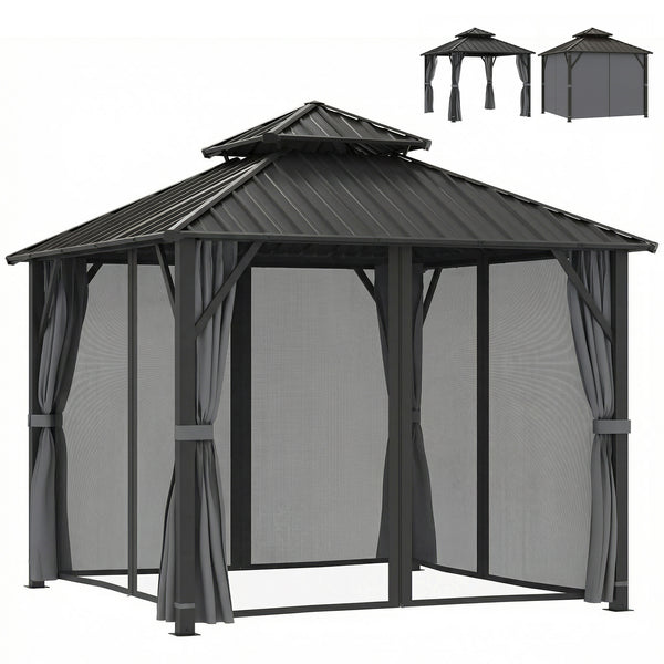 3 x 3(m) Hardtop Gazebo Canopy with Double Metal Roof, Waterproof Permanent Pavilion Garden Gazebo with Netting and Curtains, Easy to Assemble, Grey