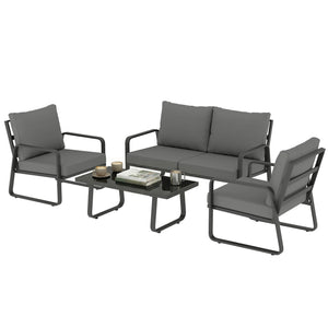 4 Piece Garden Furniture Set, Outdoor Sofa Set with Loveseat, 2 Armchairs, Coffee Table and Cushions, Patio Furniture Conversation Set for Poolside Porch, Black
