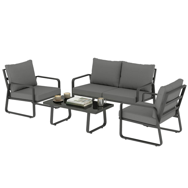 4 Piece Garden Furniture Set, Outdoor Sofa Set with Loveseat, 2 Armchairs, Coffee Table and Cushions, Patio Furniture Conversation Set for Poolside Porch, Black