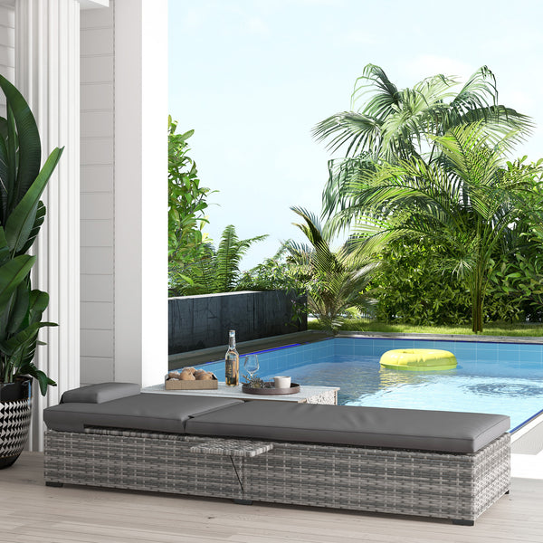 Outdoor Patio PE Rattan Lounger with Cushion, 5-Level Reclining Wicker Rattan Sun Lounger with Tea Tray, for Poolside, Patio, Deck, 120kg Weight Capacity, Grey