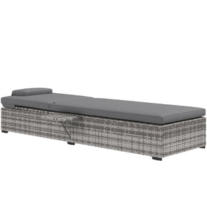 Outdoor Patio PE Rattan Lounger with Cushion, 5-Level Reclining Wicker Rattan Sun Lounger with Tea Tray, for Poolside, Patio, Deck, 120kg Weight Capacity, Grey