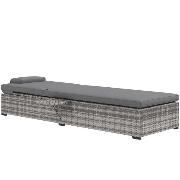 Outdoor Patio PE Rattan Lounger with Cushion, 5-Level Reclining Wicker Rattan Sun Lounger with Tea Tray, for Poolside, Patio, Deck, 120kg Weight Capacity, Grey