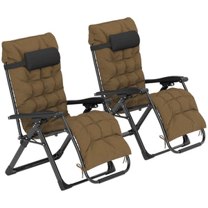 Reclining Zero Gravity Chair with Adjustable Backrest, Folding Garden Sun Lounger, Outdoor Recliner with Removable Cushion and Headrest, 2 Pieces, Khaki