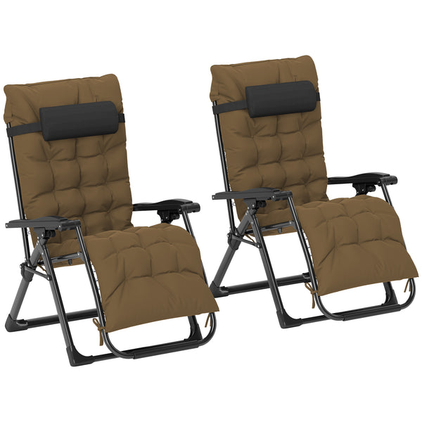 Reclining Zero Gravity Chair with Adjustable Backrest, Folding Garden Sun Lounger, Outdoor Recliner with Removable Cushion and Headrest, 2 Pieces, Khaki