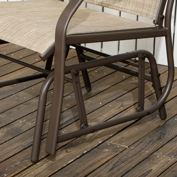 3 Piece Outdoor Glider Chair with Coffee Table Bistro Set, 2 Patio Rocking Swing Chairs with Breathable Sling Fabric, Glass Tabletop, for Backyard, Garden and Porch, Mixed Brown