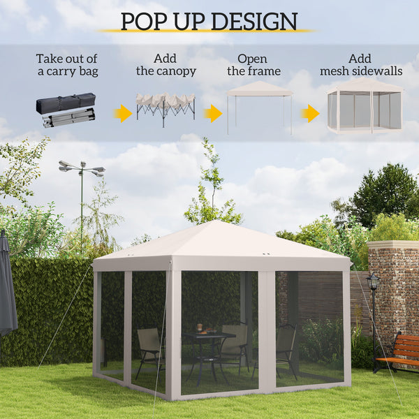 Outsunny 10' x 10' Pop Up Canopy Tent with Netting, Instant Gazebo, Screen House Room with Carry Bag, Height Adjustable, for Outdoor, Garden, Patio, Camping, Beige