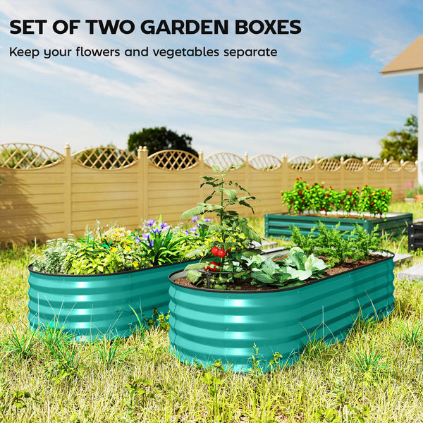 Set of 2 Raised Beds for Garden, Outdoor Galvanised Planter Box with Plant Support Stakes, Rubber Strap Edging and Bottomless for Flower, Vegetable, 150 x 60 x 30 cm, Green