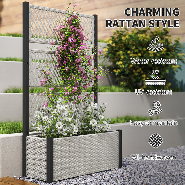 Wicker Outdoor Planter with Trellis, 58" Standing Raised Garden Bed with Liner, Drainage Holes, Privacy Screen Planter Box for Climbing Plants, Flowers, Mixed Grey