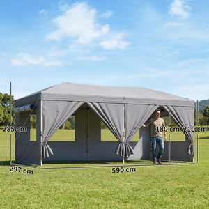 3 x 6 m Pop Up Gazebo with 6 Sidewalls, UPF50+ Outdoor Wedding Party Tent Marquee, Adjustable Height Event Shelter with Wheeled Bag, Sandbags & Stakes, Dark Grey