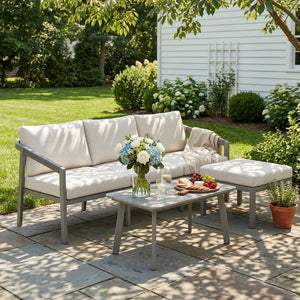 3 Piece Garden Dining Set, Outdoor Patio Furniture with 3 Seater Sofa, Footstool, Coffee Table and Cuhsions, Garden Sofa Set Conversation Furniture for Porch Patio Balcony, Grey