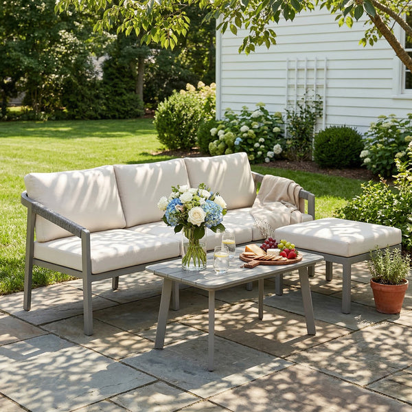 3 Piece Garden Dining Set, Outdoor Patio Furniture with 3 Seater Sofa, Footstool, Coffee Table and Cuhsions, Garden Sofa Set Conversation Furniture for Porch Patio Balcony, Grey
