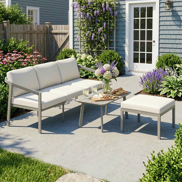 3 Piece Garden Dining Set, Outdoor Patio Furniture with 3 Seater Sofa, Footstool, Coffee Table and Cuhsions, Garden Sofa Set Conversation Furniture for Porch Patio Balcony, Grey