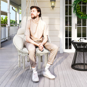 Hammock Swing Chair, Outdoor Hanging Chair with Large Cushion, Cotton Rope Weaving Macrame Swing with Chain, 265 LBS Capacity for Indoor, Outdoor, Bedroom, Patio, Balcony, Cream White