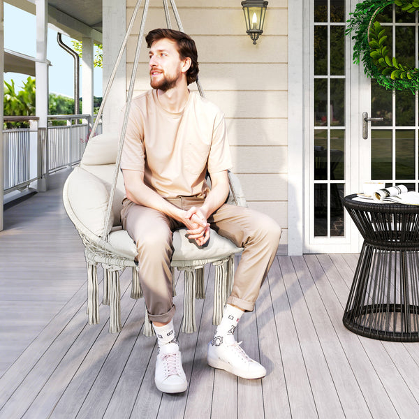 Hammock Swing Chair, Outdoor Hanging Chair with Large Cushion, Cotton Rope Weaving Macrame Swing with Chain, 265 LBS Capacity for Indoor, Outdoor, Bedroom, Patio, Balcony, Cream White