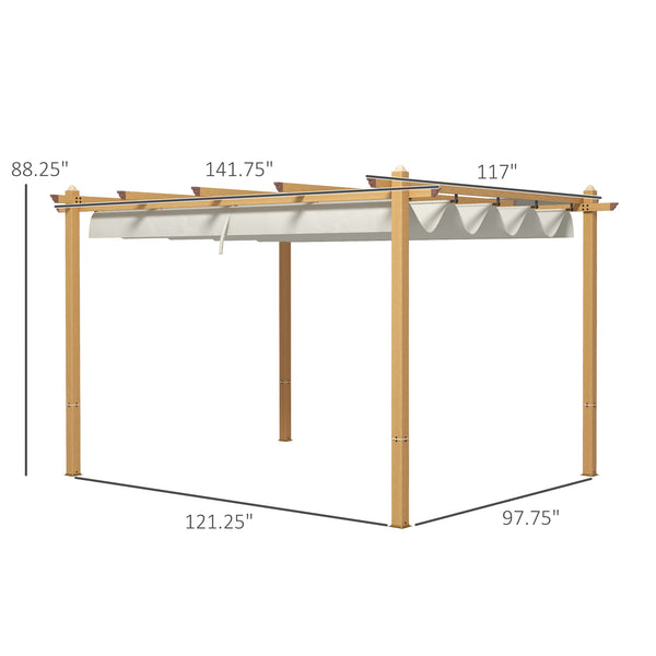 Outsunny 10' x 12' Retractable Pergola Canopy, Wood Grain Aluminum Pergola, Outdoor Sun Shade Shelter for Grill, Garden, Patio, Backyard, Deck, Cream White