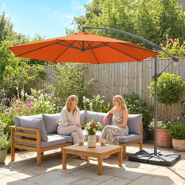 3 m Cantilever Parasol with Umbrella Weights, Cross Base, Offset Outdoor Umbrella with Protective Cover, Crank Handle, Hanging Sun Shade, Orange
