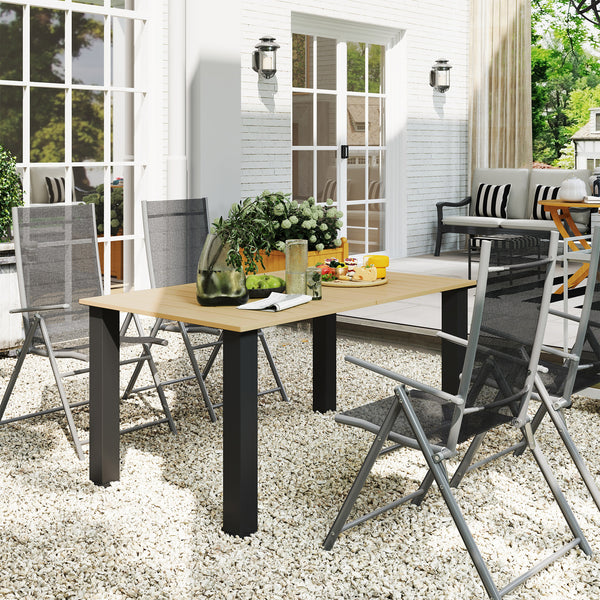 Garden Dining Table for 6 Person with Parasol Hole, Rectangle Outdoor Garden Table with Slatted Metal Tabletop, Steel Frame for Patio, Balcony, 150 x 90 x 73 cm, Brown