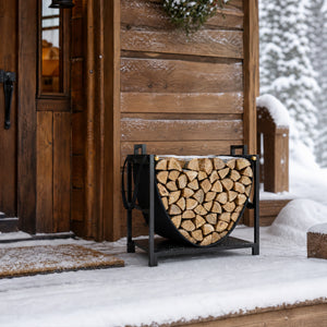 19 Inch Firewood Rack with Canvas Carrier, 110 lb Capacity Heavy Duty Steel Log Store Indoors, Fireplace Log Storage Holder, Black