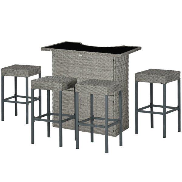 Outsunny 5 Pcs Rattan Wicker Bar Set, High Top Outdoor Table and Chairs, Bar Height Patio Set with Glass Table Top 2 Tier Storage Shelf, and 4 Bar Stools for Garden, Poolside, Gray