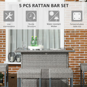 Outsunny 5 Pcs Rattan Wicker Bar Set, High Top Outdoor Table and Chairs, Bar Height Patio Set with Glass Table Top 2 Tier Storage Shelf, and 4 Bar Stools for Garden, Poolside, Gray