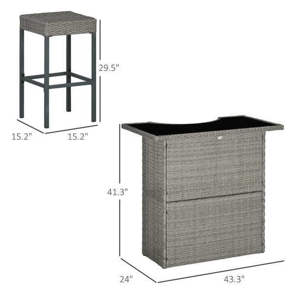 Outsunny 5 Pcs Rattan Wicker Bar Set, High Top Outdoor Table and Chairs, Bar Height Patio Set with Glass Table Top 2 Tier Storage Shelf, and 4 Bar Stools for Garden, Poolside, Gray