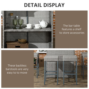 Outsunny 5 Pcs Rattan Wicker Bar Set, High Top Outdoor Table and Chairs, Bar Height Patio Set with Glass Table Top 2 Tier Storage Shelf, and 4 Bar Stools for Garden, Poolside, Gray