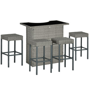 Outsunny 5 Pcs Rattan Wicker Bar Set, High Top Outdoor Table and Chairs, Bar Height Patio Set with Glass Table Top 2 Tier Storage Shelf, and 4 Bar Stools for Garden, Poolside, Gray