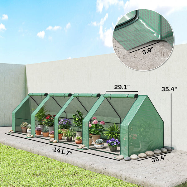 12' x 3' x 3' Mini Greenhouse with Zippered Doors & Roll-up Windows, Portable Plant Hot House with PE Cover, Water Resistant, UV Protected for Outdoor Flowers, Vegetables, Green